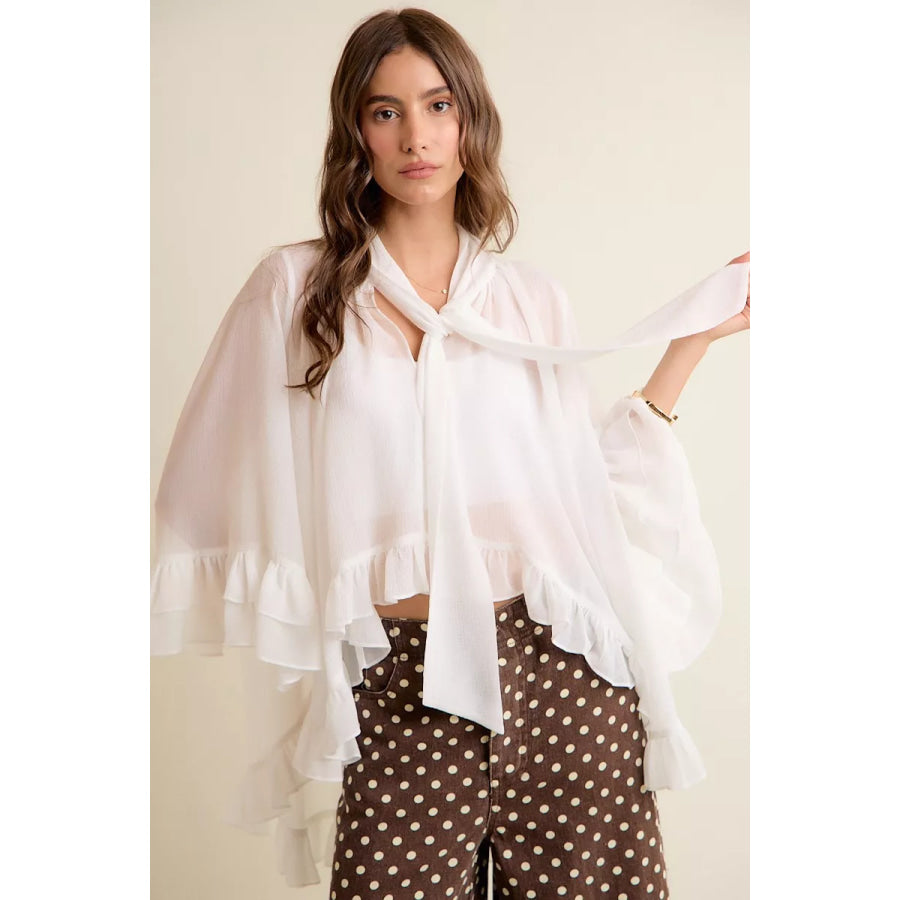 SO ME Sheer Ruffle Bell Sleeves Bow Tie Flowy Blouse Top Apparel and Accessories