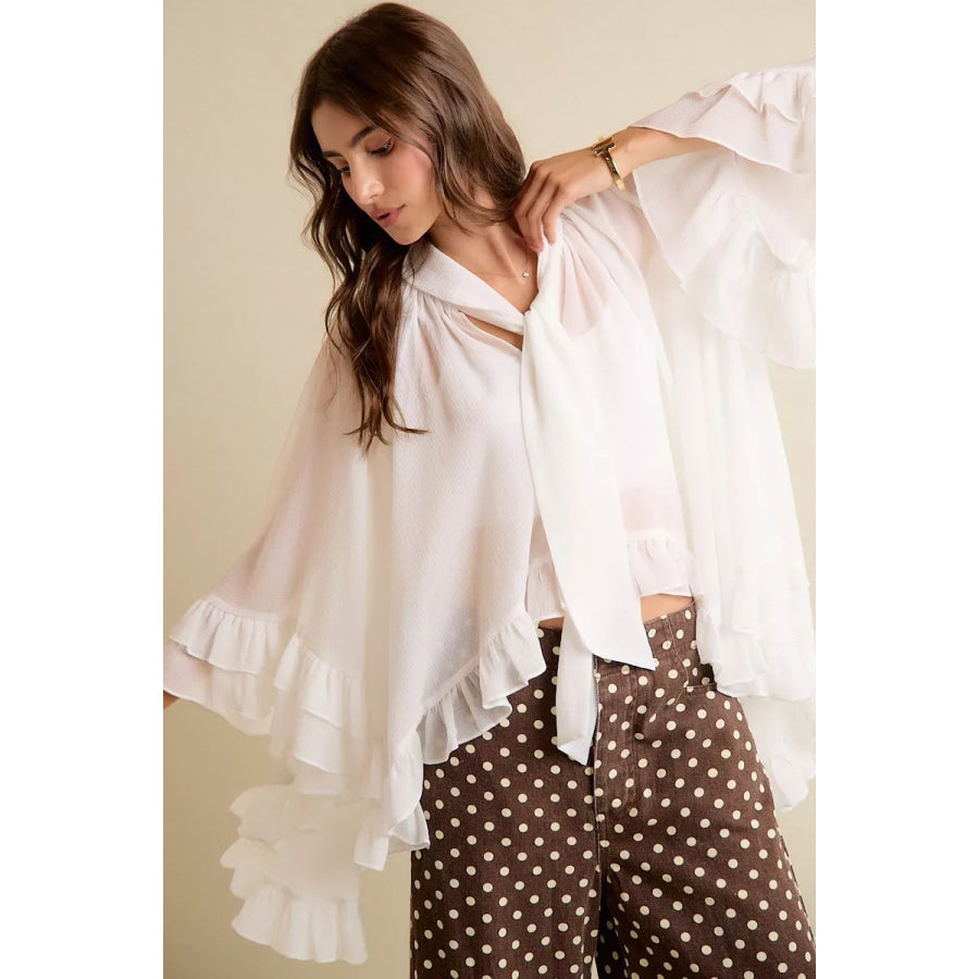 SO ME Sheer Ruffle Bell Sleeves Bow Tie Flowy Blouse Top Apparel and Accessories