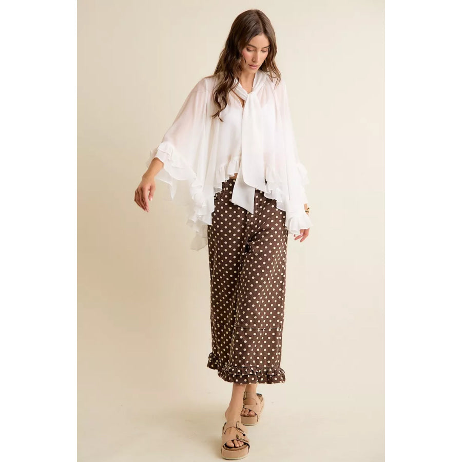 SO ME Sheer Ruffle Bell Sleeves Bow Tie Flowy Blouse Top Apparel and Accessories
