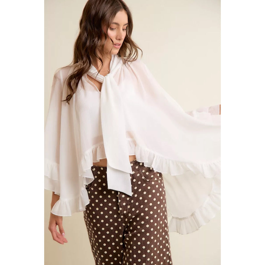 SO ME Sheer Ruffle Bell Sleeves Bow Tie Flowy Blouse Top Apparel and Accessories
