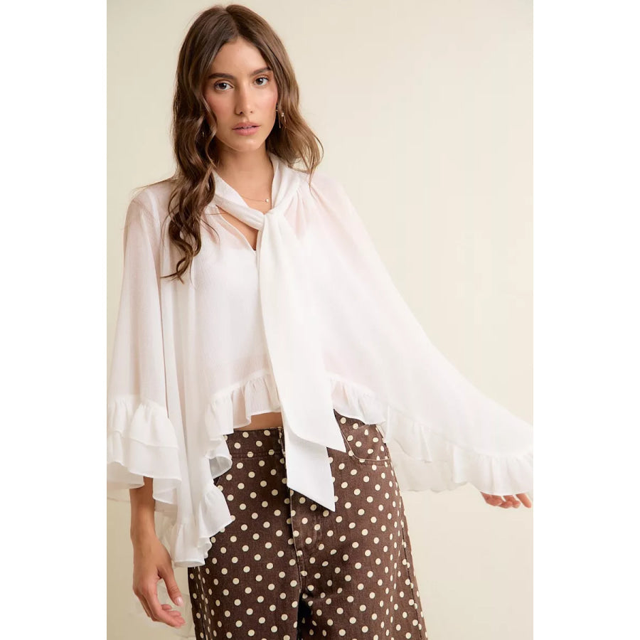 SO ME Sheer Ruffle Bell Sleeves Bow Tie Flowy Blouse Top Apparel and Accessories