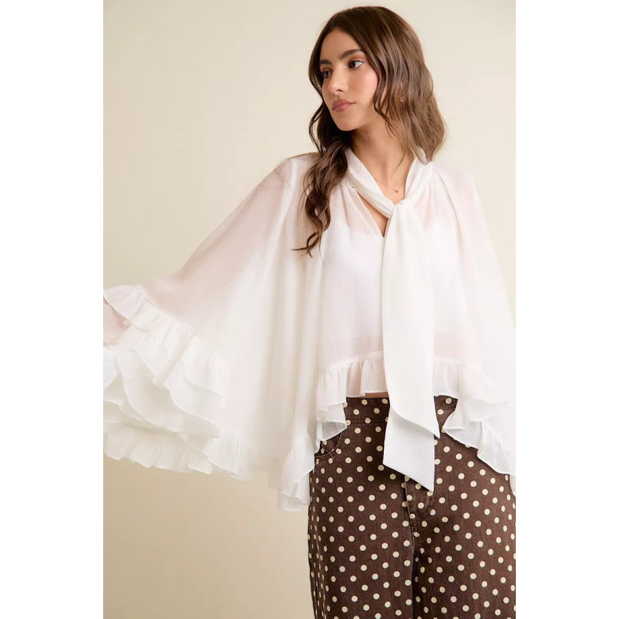 SO ME Sheer Ruffle Bell Sleeves Bow Tie Flowy Blouse Top Apparel and Accessories