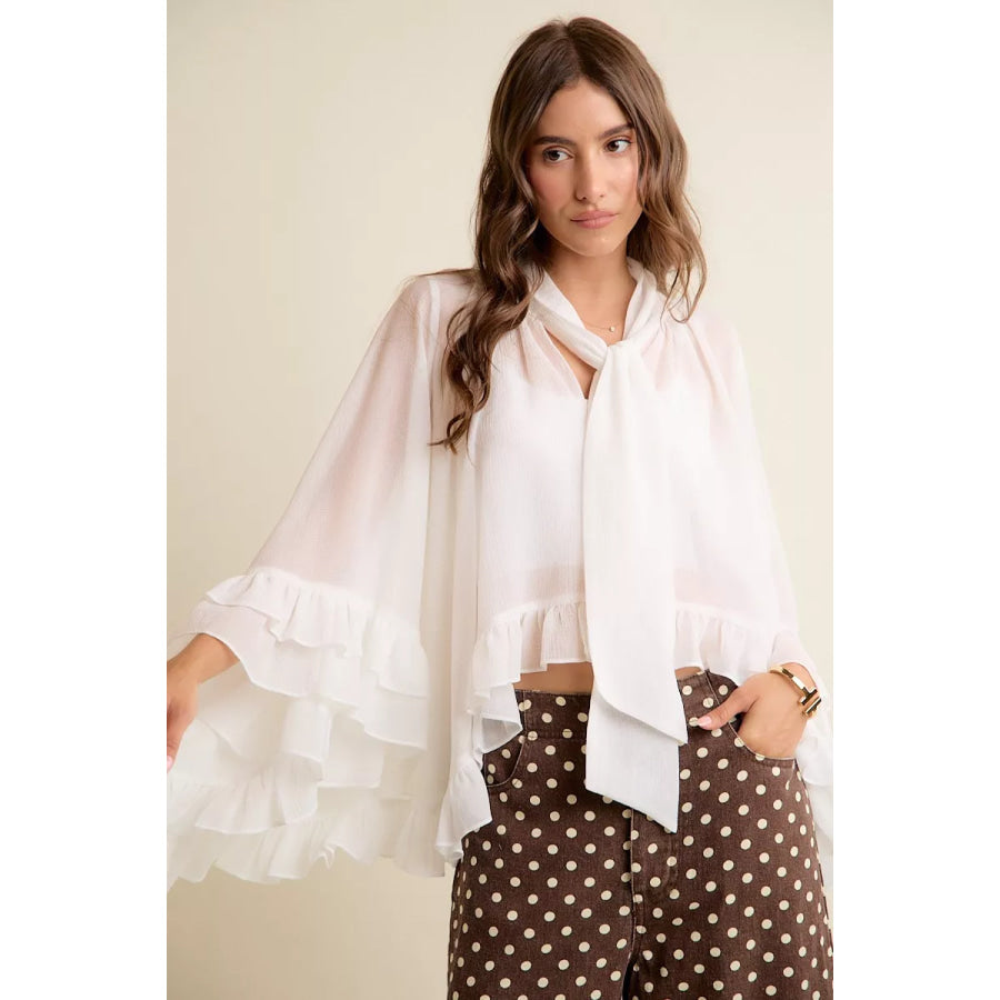 SO ME Sheer Ruffle Bell Sleeves Bow Tie Flowy Blouse Top Apparel and Accessories