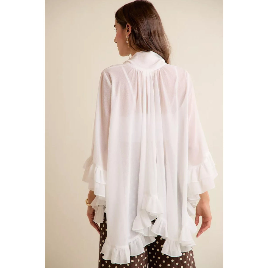 SO ME Sheer Ruffle Bell Sleeves Bow Tie Flowy Blouse Top Apparel and Accessories