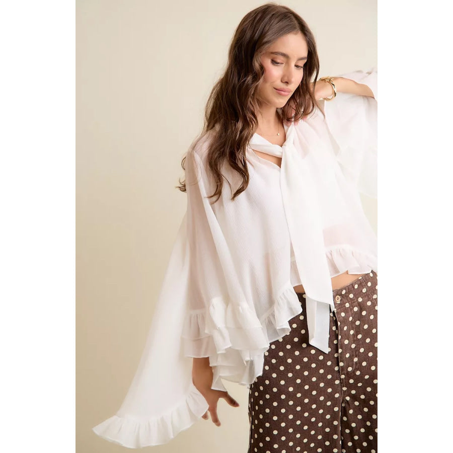 SO ME Sheer Ruffle Bell Sleeves Bow Tie Flowy Blouse Top Apparel and Accessories