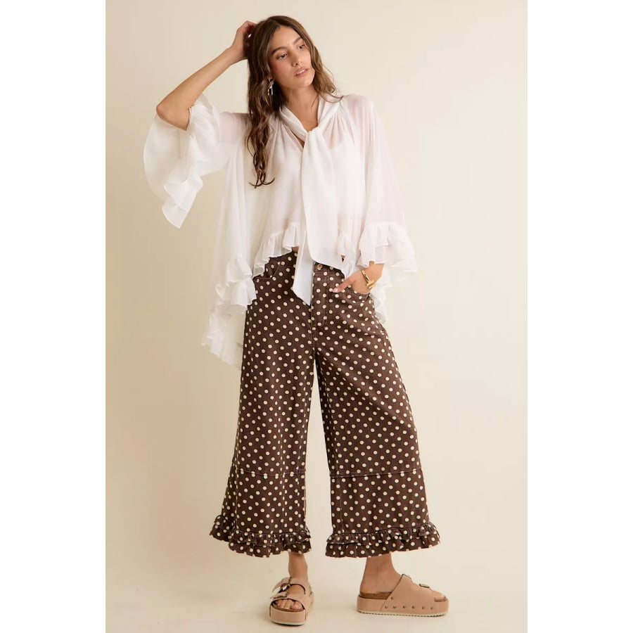SO ME Sheer Ruffle Bell Sleeves Bow Tie Flowy Blouse Top Apparel and Accessories