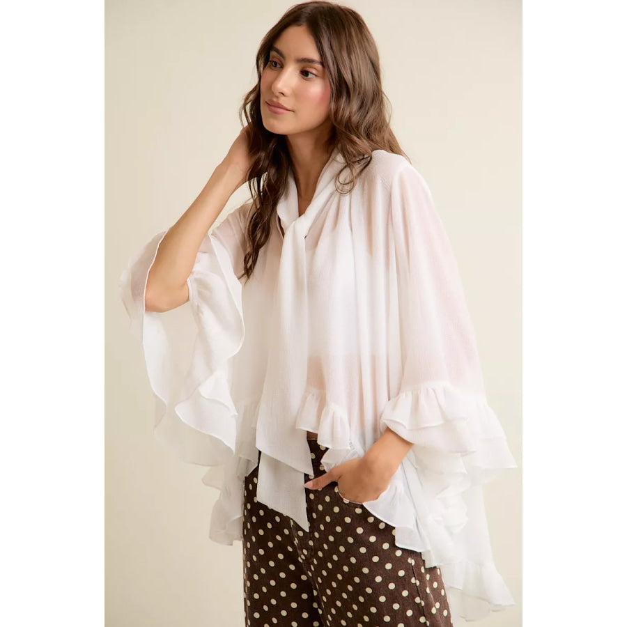 SO ME Sheer Ruffle Bell Sleeves Bow Tie Flowy Blouse Top Apparel and Accessories