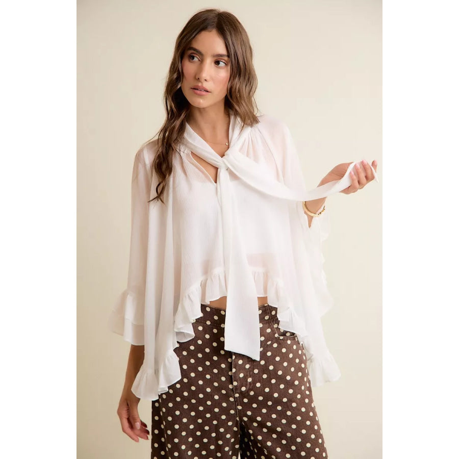 SO ME Sheer Ruffle Bell Sleeves Bow Tie Flowy Blouse Top WHITE / S Apparel and Accessories