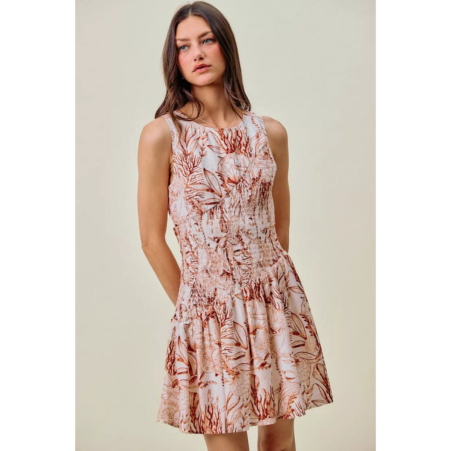 SO ME Shell Print Smocked Fit And Flare Mini Lined Dress Apparel and Accessories