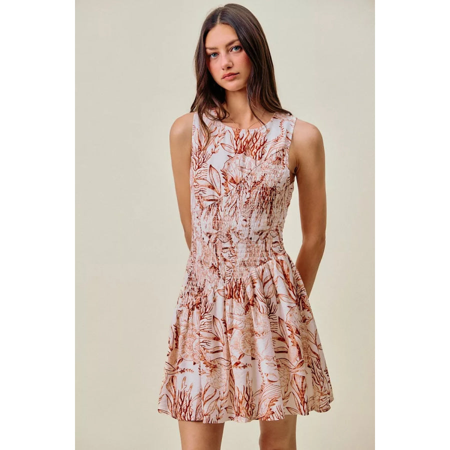 SO ME Shell Print Smocked Fit And Flare Mini Lined Dress Apparel and Accessories