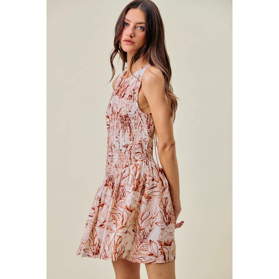 SO ME Shell Print Smocked Fit And Flare Mini Lined Dress Apparel and Accessories