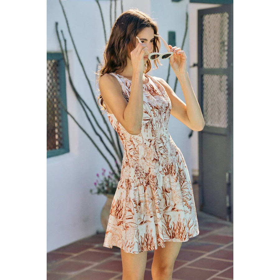 SO ME Shell Print Smocked Fit And Flare Mini Lined Dress Apparel and Accessories
