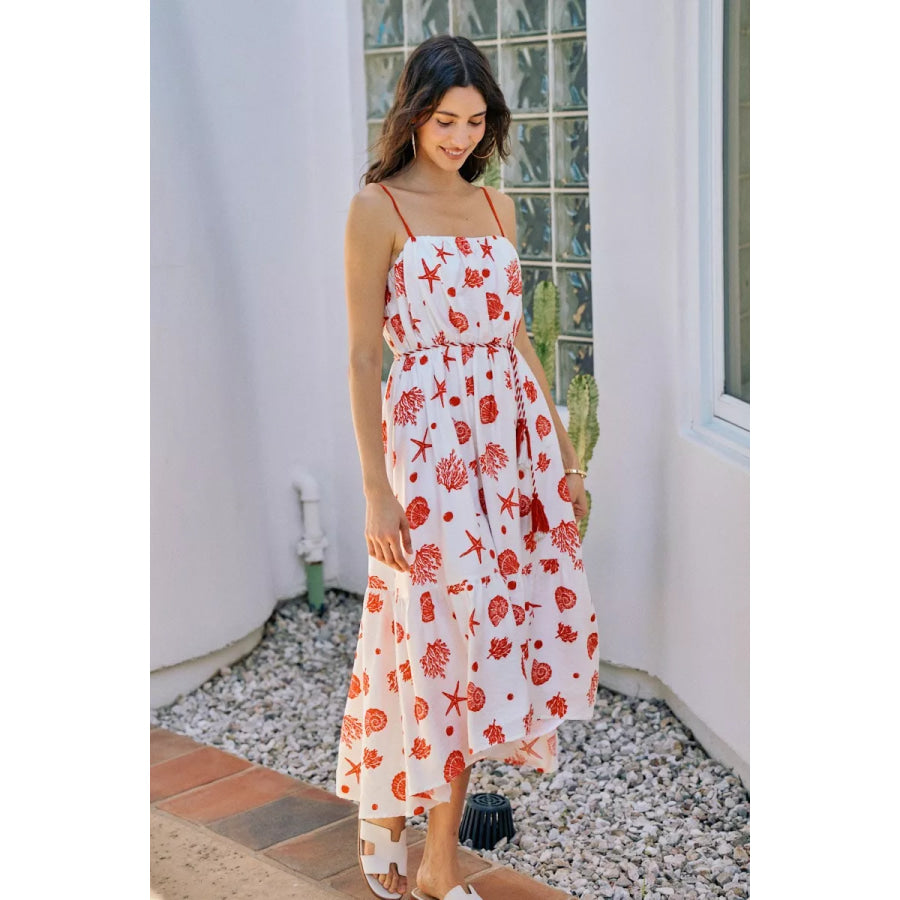 SO ME Shell Print Tiered Lined Midi Cami Dress With Belt Apparel and Accessories