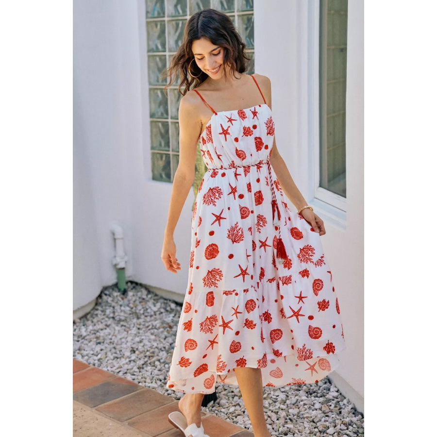 SO ME Shell Print Tiered Lined Midi Cami Dress With Belt Apparel and Accessories
