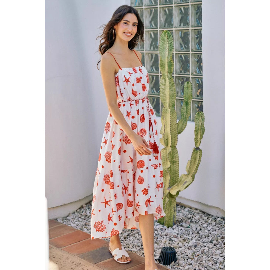 SO ME Shell Print Tiered Lined Midi Cami Dress With Belt Apparel and Accessories