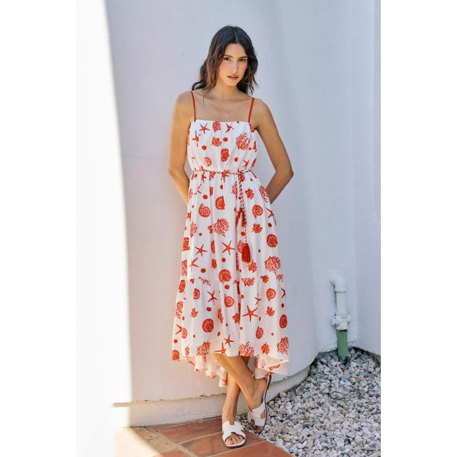 SO ME Shell Print Tiered Lined Midi Cami Dress With Belt Red / S Apparel and Accessories