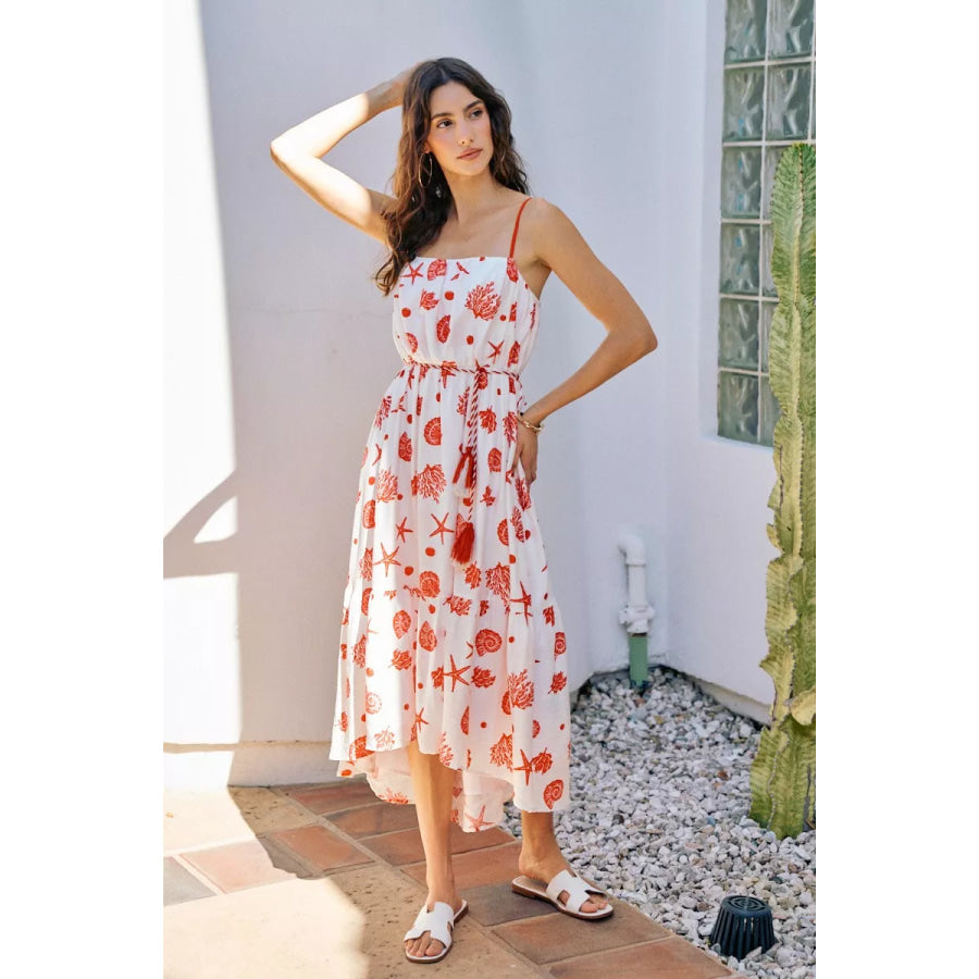 SO ME Shell Print Tiered Lined Midi Cami Dress With Belt Red / S Apparel and Accessories