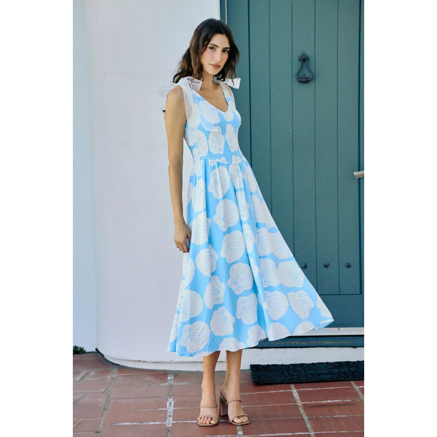 SO ME Shell Smocked Bodice Shoulder Tie Lined Midi Dress BLUE / S Apparel and Accessories