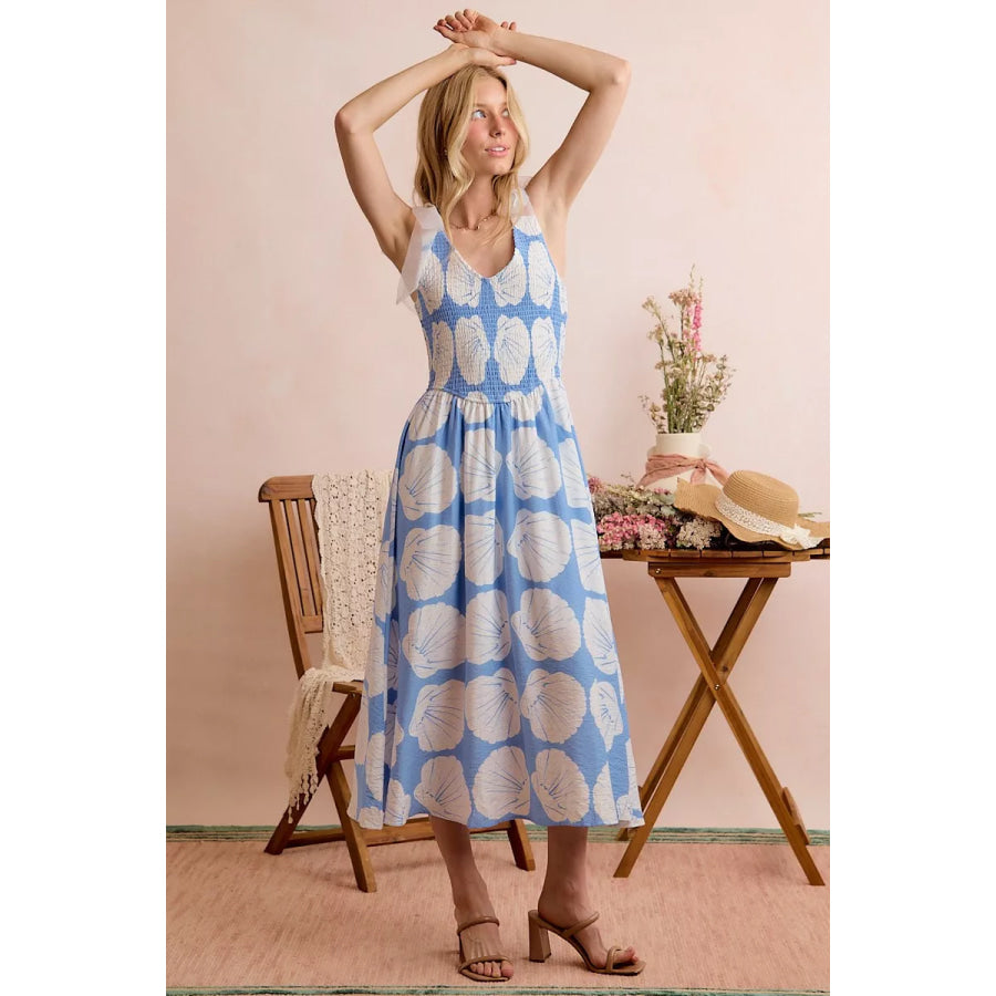 SO ME Shell Smocked Bodice Shoulder Tie Lined Midi Dress Apparel and Accessories