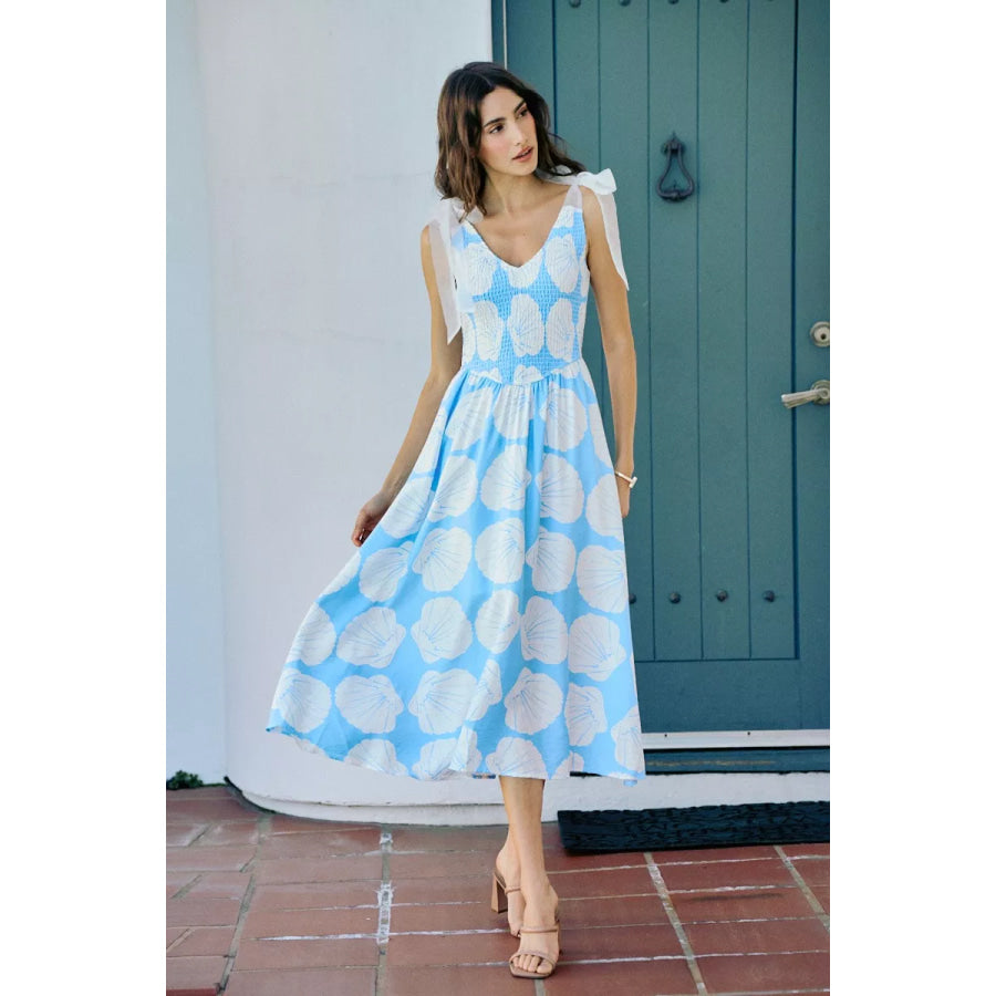 SO ME Shell Smocked Bodice Shoulder Tie Lined Midi Dress BLUE / S Apparel and Accessories