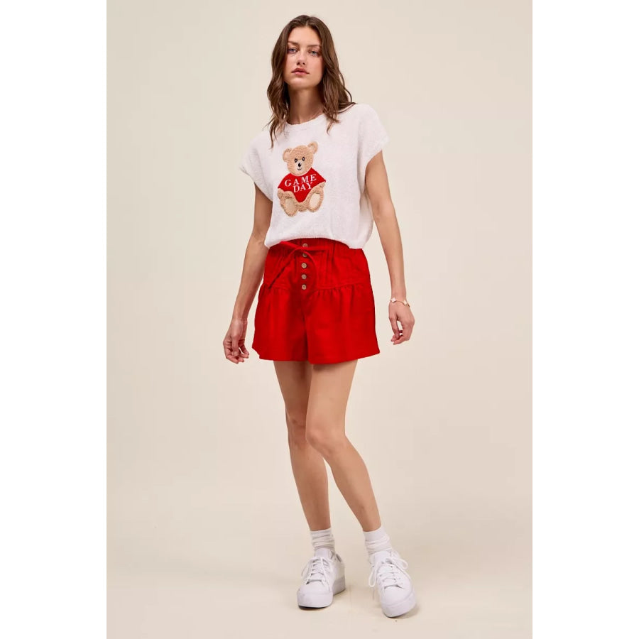 SO ME Solid Twill Denim Pintucked Buttoned Shorts With Waist Tie Apparel and Accessories