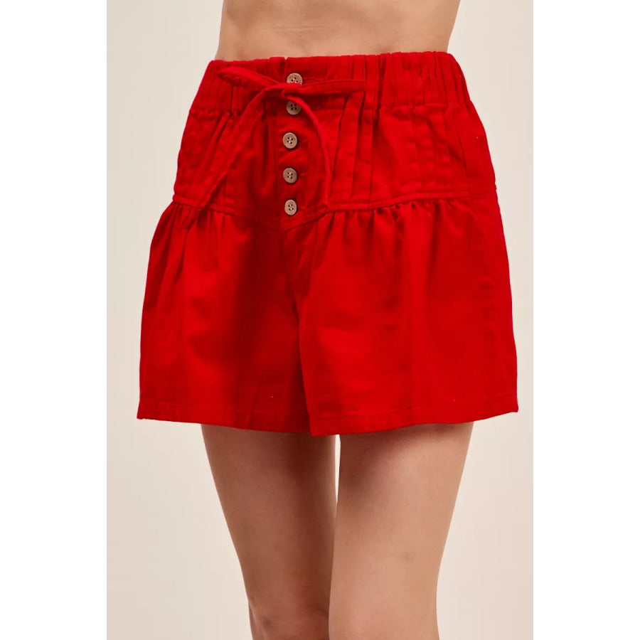 SO ME Solid Twill Denim Pintucked Buttoned Shorts With Waist Tie RED / S Apparel and Accessories