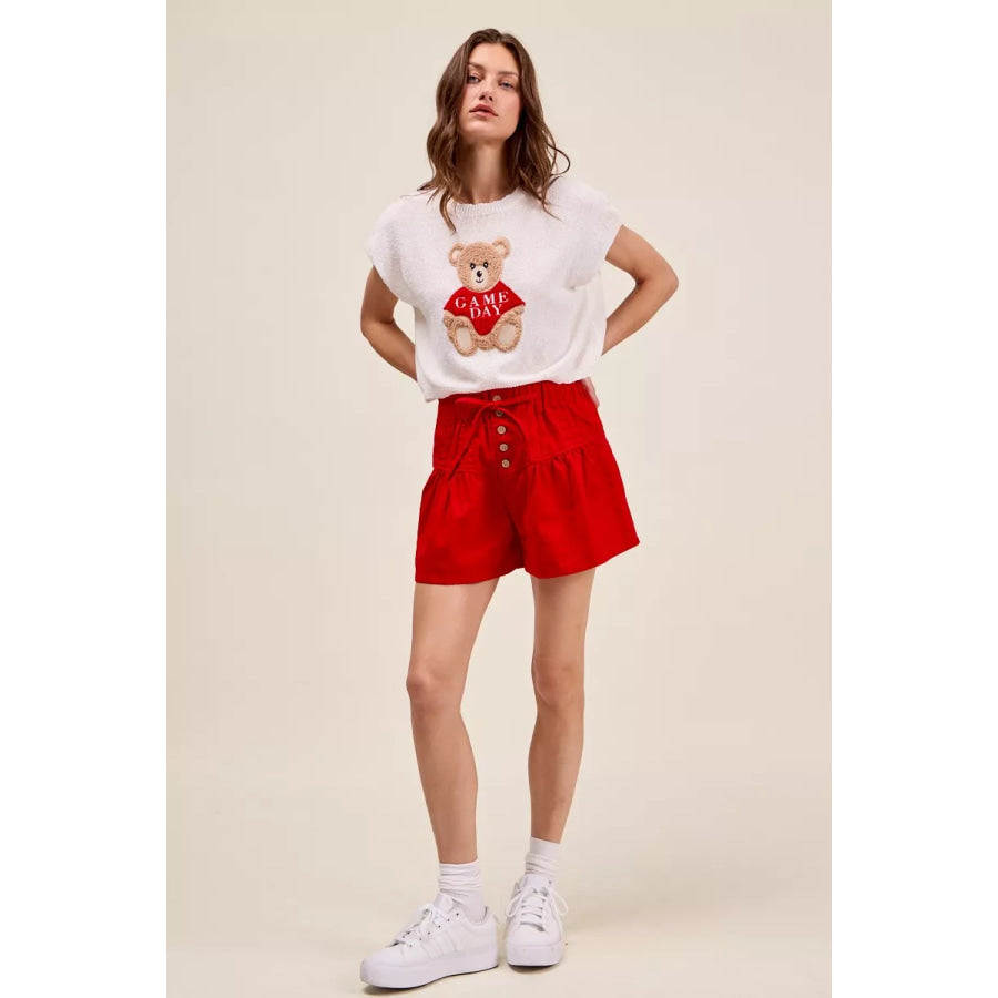SO ME Solid Twill Denim Pintucked Buttoned Shorts With Waist Tie Apparel and Accessories