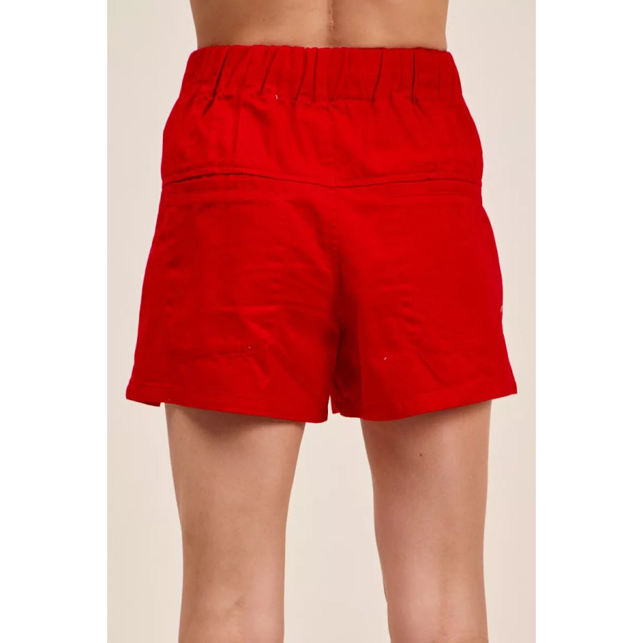SO ME Solid Twill Denim Pintucked Buttoned Shorts With Waist Tie Apparel and Accessories