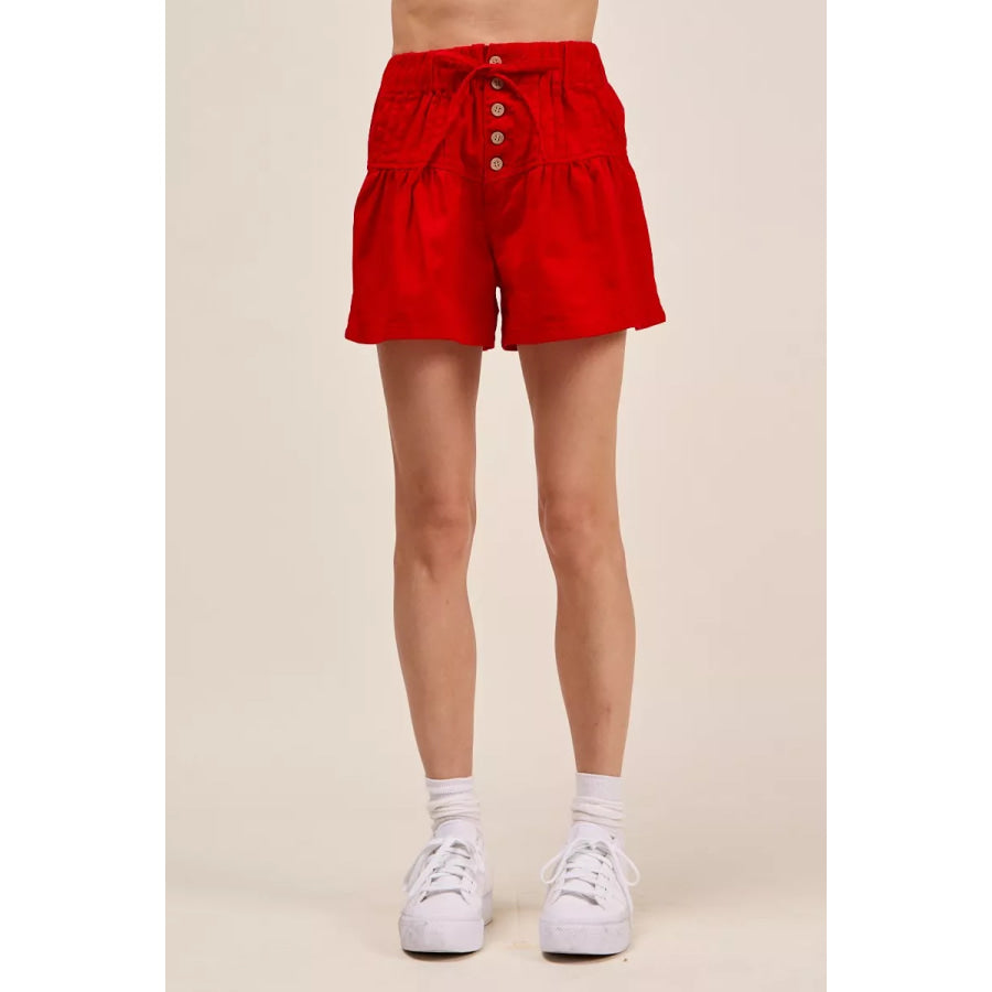 SO ME Solid Twill Denim Pintucked Buttoned Shorts With Waist Tie Apparel and Accessories