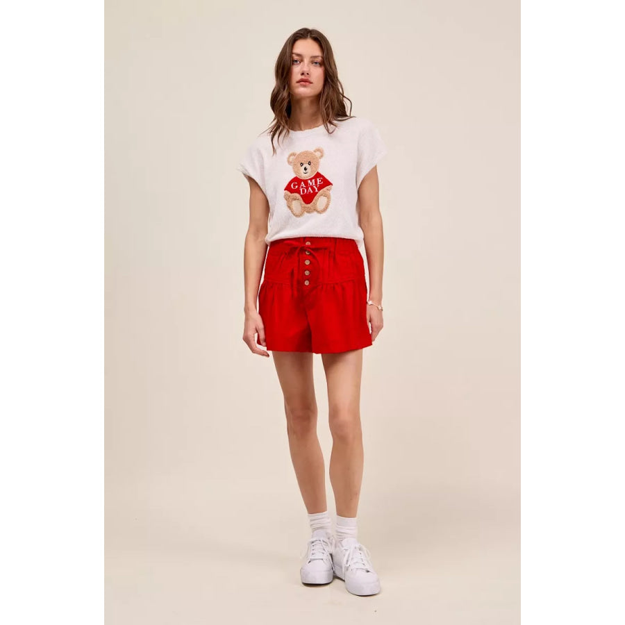 SO ME Solid Twill Denim Pintucked Buttoned Shorts With Waist Tie Apparel and Accessories
