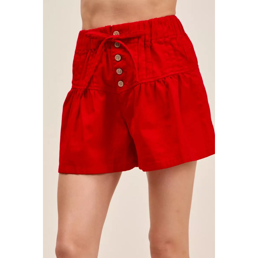 SO ME Solid Twill Denim Pintucked Buttoned Shorts With Waist Tie RED / S Apparel and Accessories