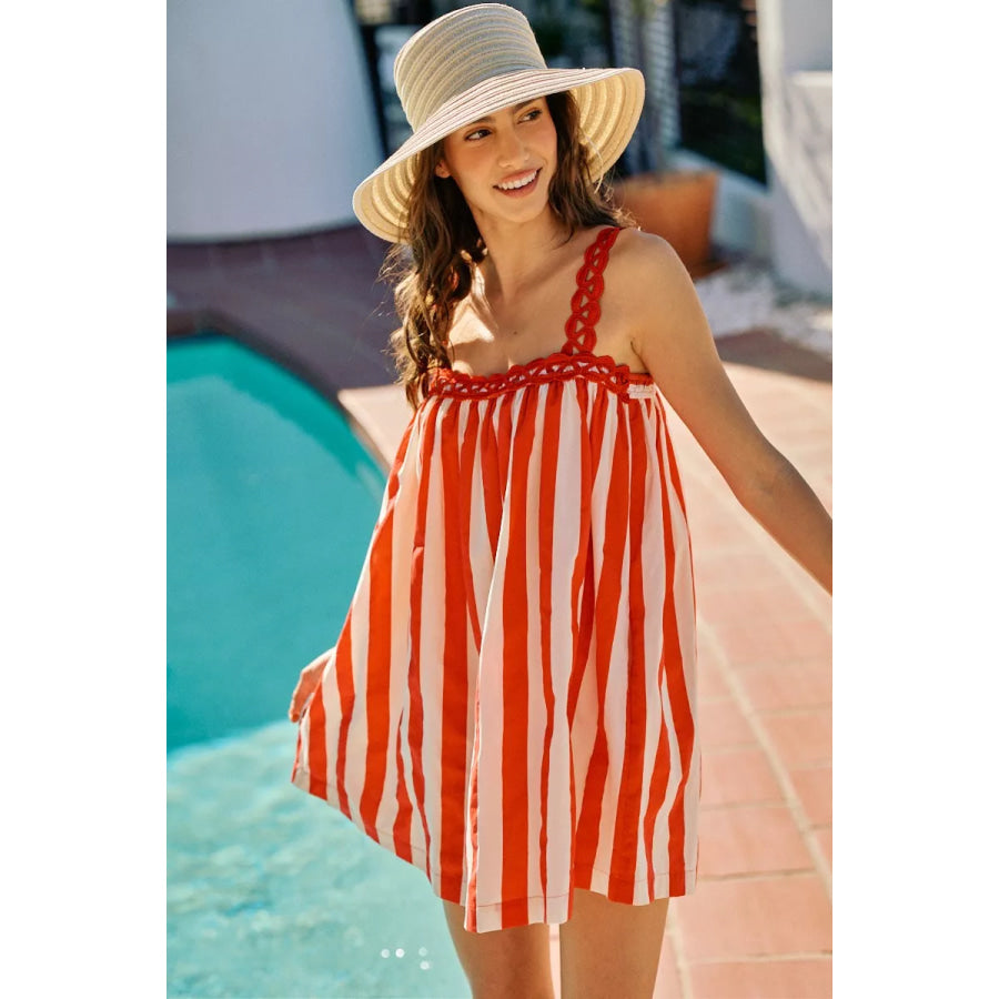 SO ME Stripe Cotton Scallop Side Pocket Lined Mini Dress RED / S Apparel and Accessories