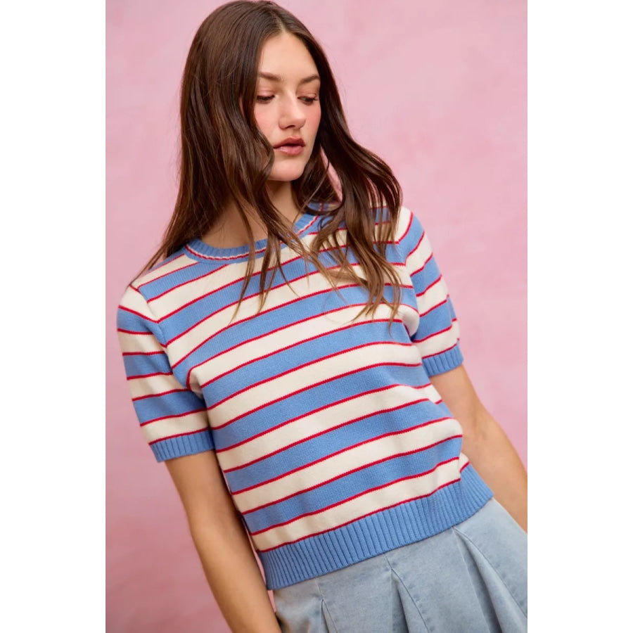 SO ME Stripe Knit Crew Neck Short Sleeves Sweater Top Apparel and Accessories