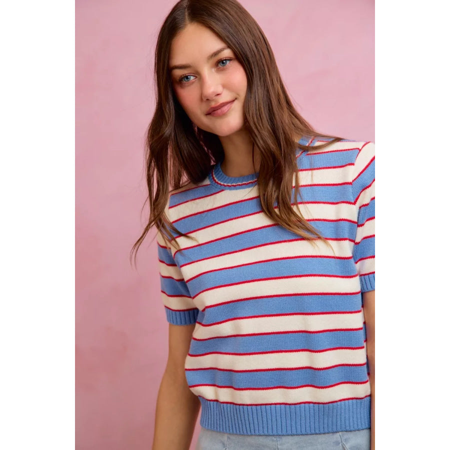 SO ME Stripe Knit Crew Neck Short Sleeves Sweater Top Apparel and Accessories