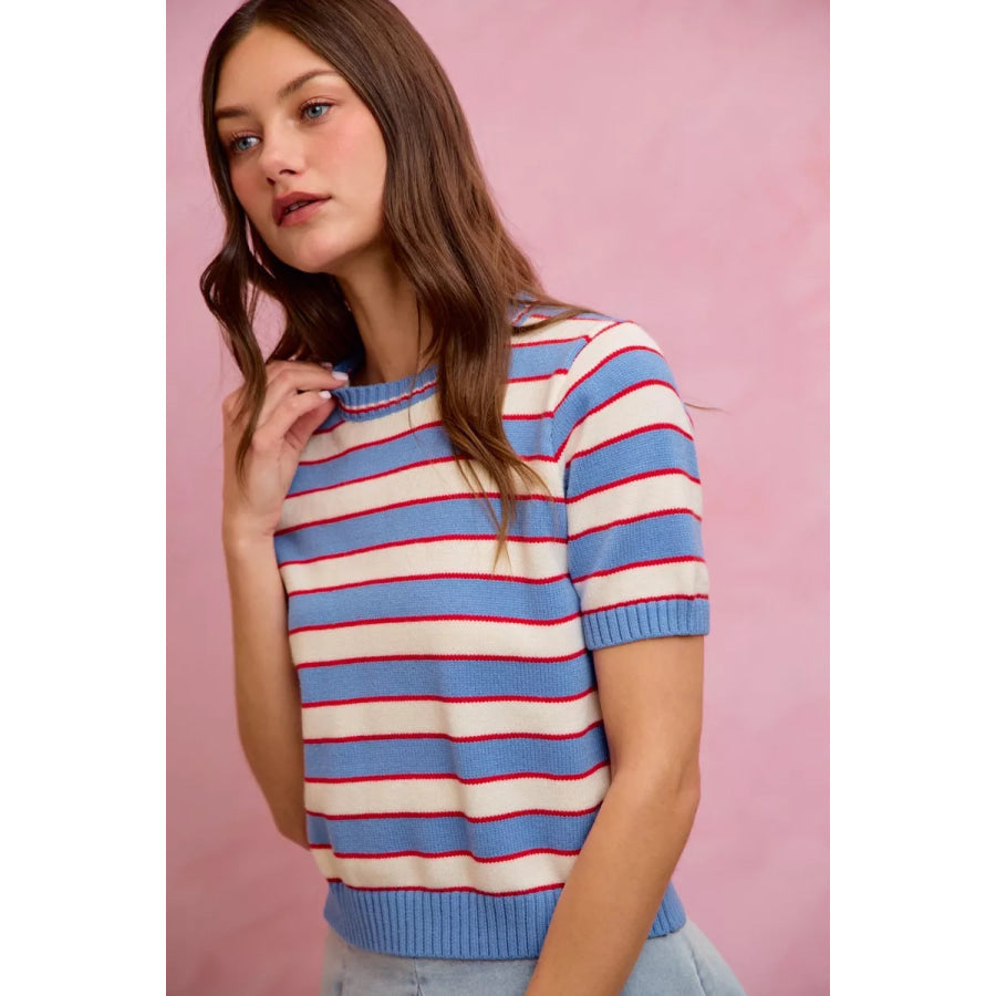 SO ME Stripe Knit Crew Neck Short Sleeves Sweater Top Blue/Red / S Apparel and Accessories