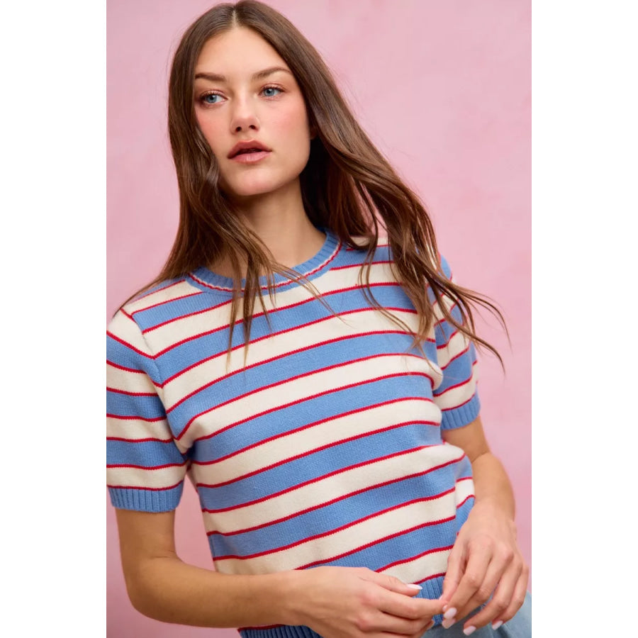 SO ME Stripe Knit Crew Neck Short Sleeves Sweater Top Apparel and Accessories