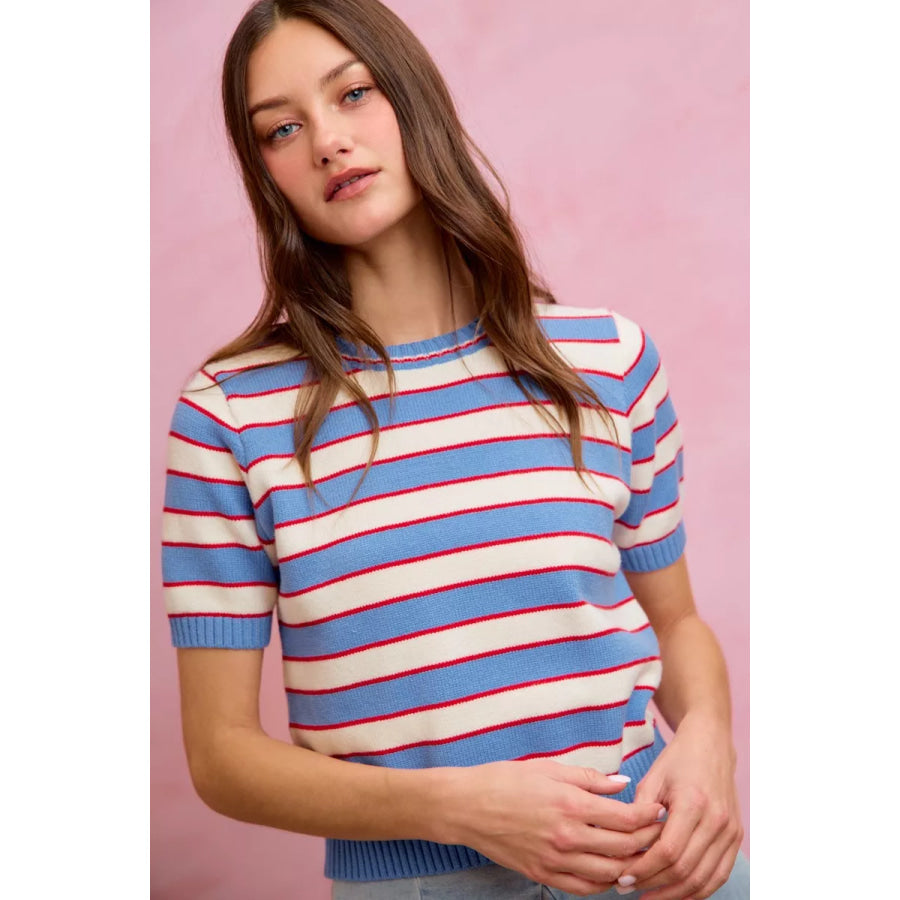 SO ME Stripe Knit Crew Neck Short Sleeves Sweater Top Apparel and Accessories