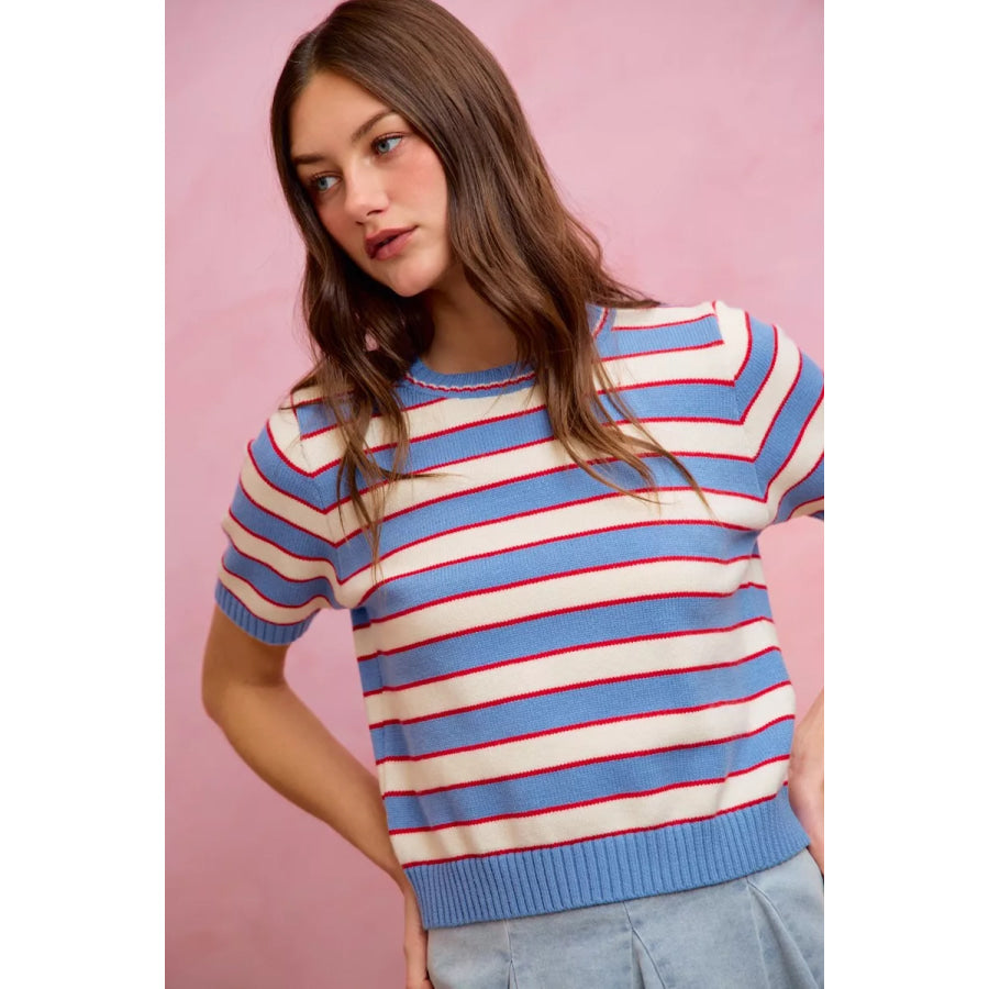 SO ME Stripe Knit Crew Neck Short Sleeves Sweater Top Apparel and Accessories
