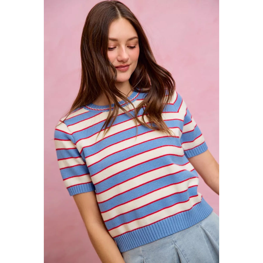 SO ME Stripe Knit Crew Neck Short Sleeves Sweater Top Apparel and Accessories