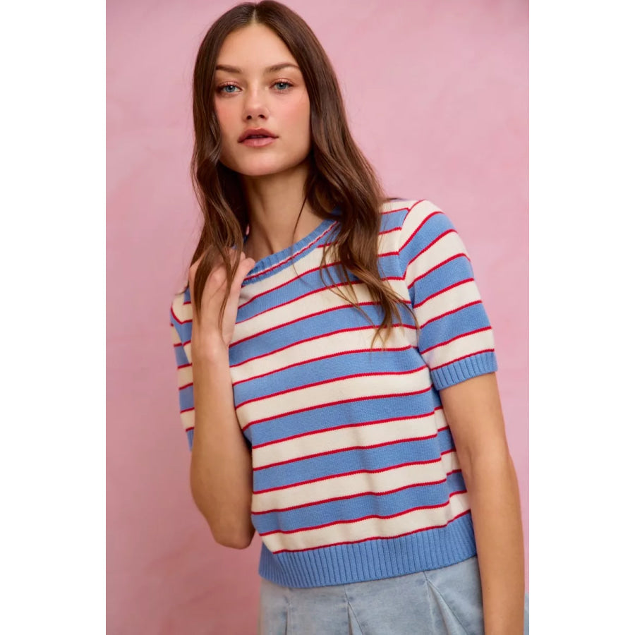 SO ME Stripe Knit Crew Neck Short Sleeves Sweater Top Apparel and Accessories