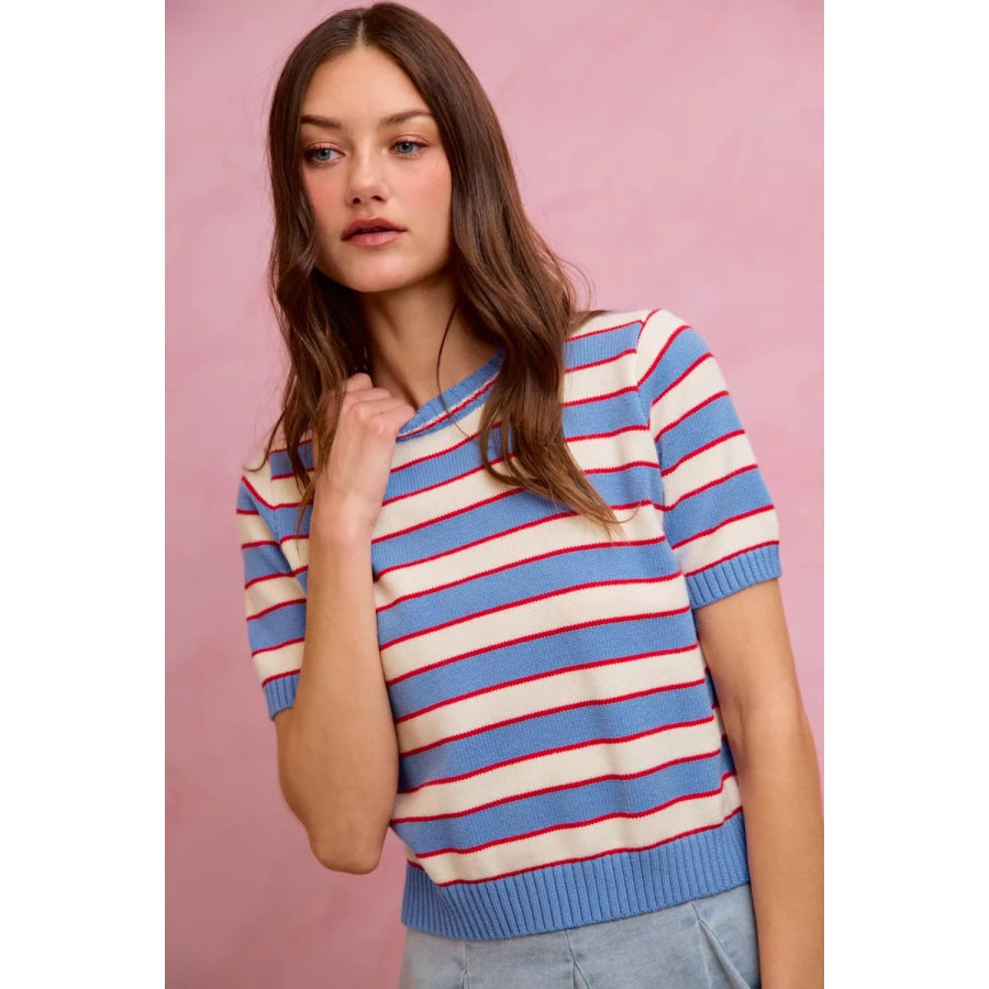 SO ME Stripe Knit Crew Neck Short Sleeves Sweater Top Apparel and Accessories