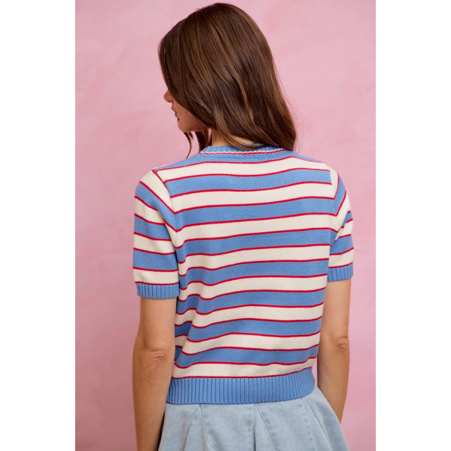 SO ME Stripe Knit Crew Neck Short Sleeves Sweater Top Apparel and Accessories
