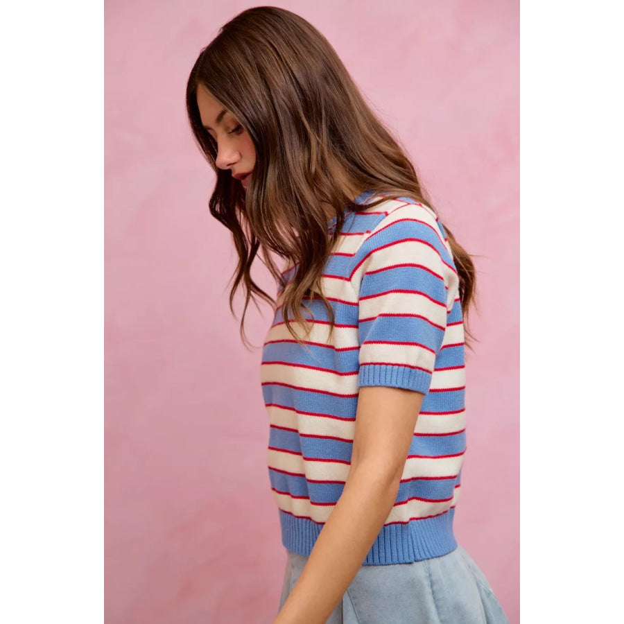 SO ME Stripe Knit Crew Neck Short Sleeves Sweater Top Apparel and Accessories