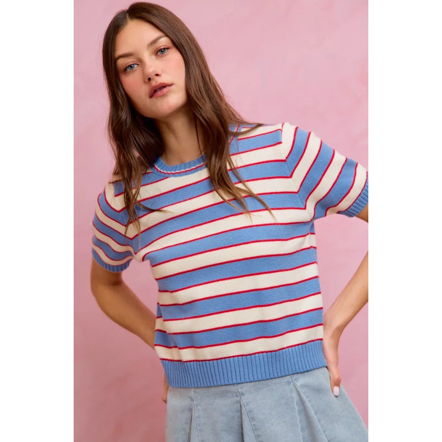 SO ME Stripe Knit Crew Neck Short Sleeves Sweater Top Apparel and Accessories