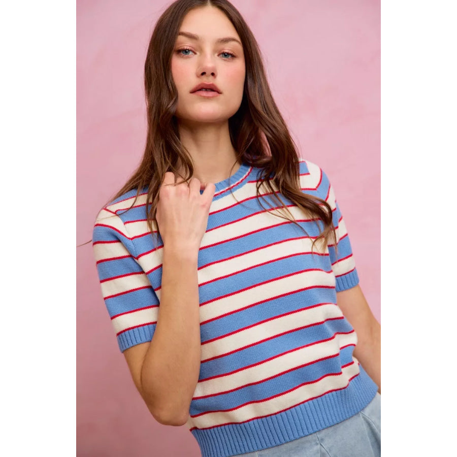 SO ME Stripe Knit Crew Neck Short Sleeves Sweater Top Apparel and Accessories
