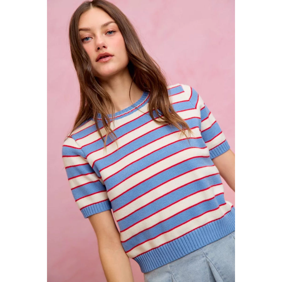 SO ME Stripe Knit Crew Neck Short Sleeves Sweater Top Apparel and Accessories