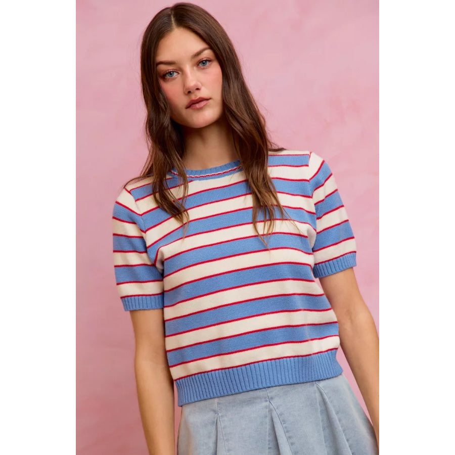 SO ME Stripe Knit Crew Neck Short Sleeves Sweater Top Blue/Red / S Apparel and Accessories
