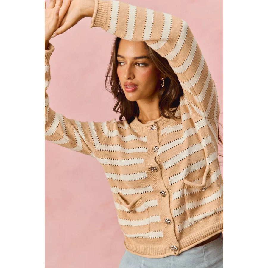 SO ME Stripe Long Sleeves Button Sweater Cardigan Apparel and Accessories