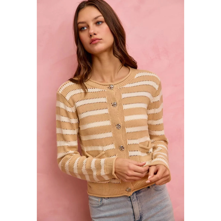 SO ME Stripe Long Sleeves Button Sweater Cardigan Apparel and Accessories