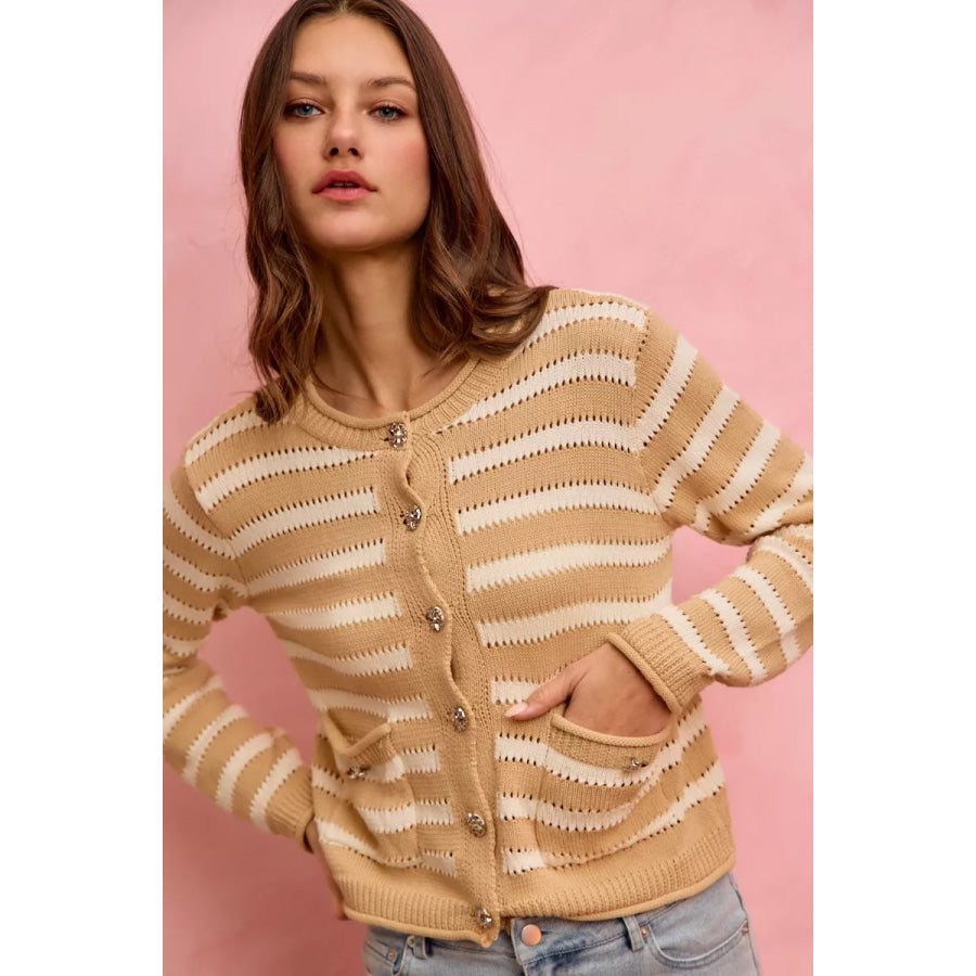 SO ME Stripe Long Sleeves Button Sweater Cardigan Apparel and Accessories